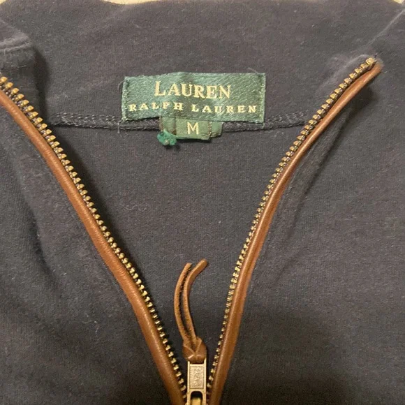 Ralph Lauren Navy Full Zip Up Mock Sweater, Navy/Brown Faux Trim Size M, EUC - Picture 5 of 13